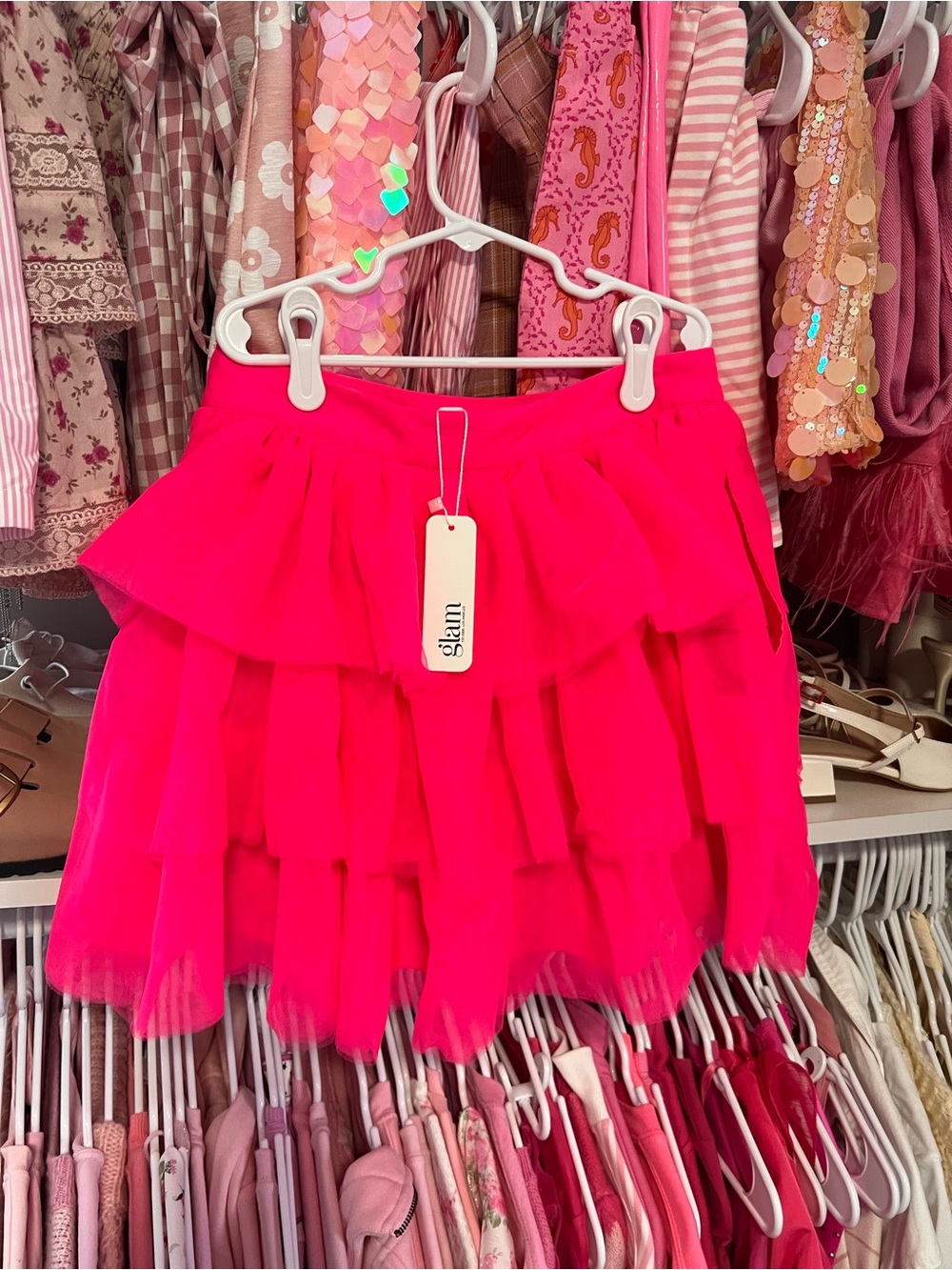 NWT-Glam Hot Pink Layered Tulle Mini Skirt